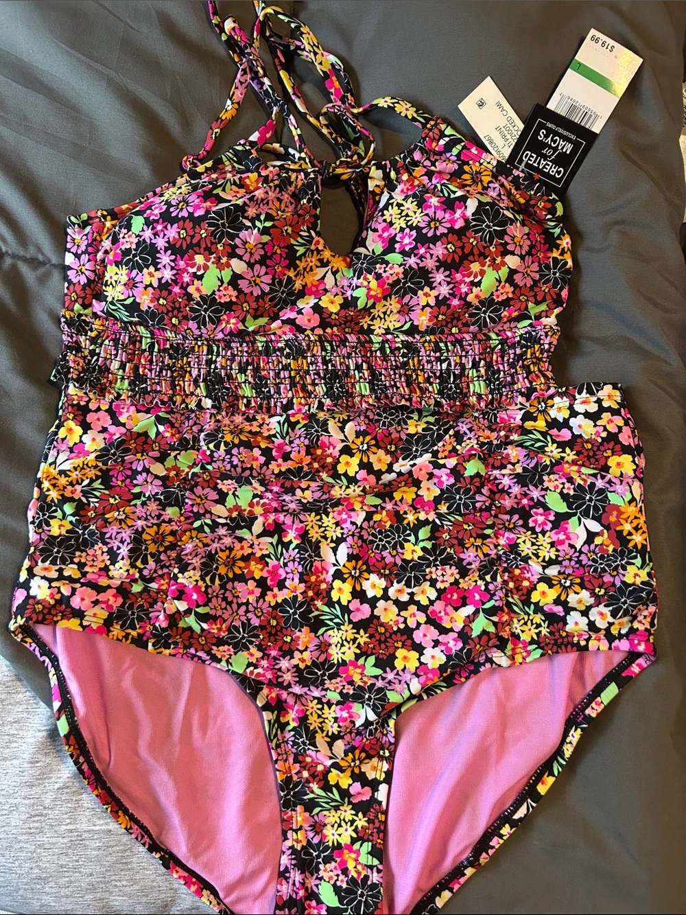 Floral Smocked 2 piece Swimsuit in Black & Neon Floral